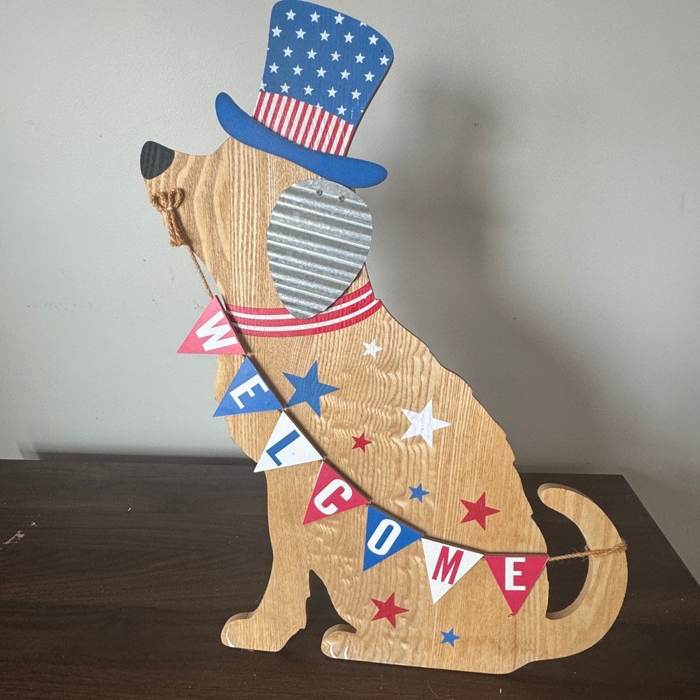 Hobby Lobby Patriotic Dog Wooden Welcome Sign 22.5" Uncle Sam Americana Decor